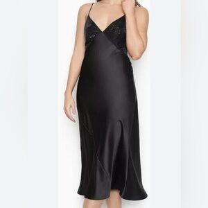 Victoria's Secret Embellished Black Chemise Satin Slip Midi Dress Size Large